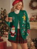 Women's Christmas Round Neck Knitted Cardigan Sweater with Santa Claus Tree and Snowflake Jacquard