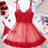 Women's Sexy Deep V Neck Floral Lace Slip Dress Two Piece Lingerie Set