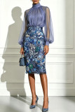 Women's Chic Multicolor Floral Embroidered Chiffon Long Sleeve Stand Collar Bodycon Dress