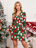 Women's Christmas Reindeer Snowflake Jacquard V Neck Long Sleeve Slim Fit Knitted Mini Dress