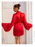 Women's Lace Trim Slip Dress and Beaded Bell Sleeve Tie Robe Two Piece Pajama Set