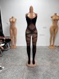 Women's Sexy Black See Through Lace Up Geometric Hollow Out Slim Fit Halter Bodystocking