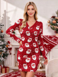 Women's Christmas Reindeer Snowflake Jacquard V Neck Long Sleeve Slim Fit Knitted Mini Dress