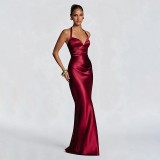 Women's Fall Chic Sleeveless Deep V Neck Low Back Halter Tie Bodycon Long Dress