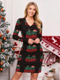 Women's Christmas Reindeer Snowflake Jacquard V Neck Long Sleeve Slim Fit Knitted Mini Dress