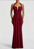 Women's Halter Neck Lace Up Slim Fit Pleated High Stretch Formal Evening Maxi Dress