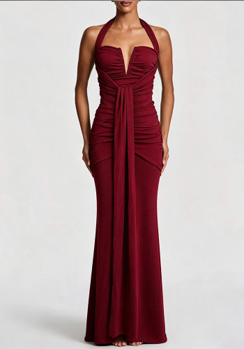 Women's Halter Neck Lace Up Slim Fit Pleated High Stretch Formal Evening Maxi Dress