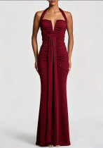 Women's Halter Neck Lace Up Slim Fit Pleated High Stretch Formal Evening Maxi Dress Women's Halter Neck Lace Up Slim Fit Pleated High Stretch Formal Evening Maxi Dress