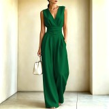 Women's Spring Summer Elegant V Neck Slim Waist Wide Leg Jumpsuit