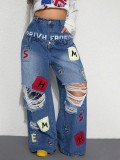 Women's High Street Double Waistband and Letter Patch Ripped Denim Wide Leg Pants