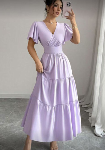 Women's Elegant Casual V Neck Slim Fit Light Purple Holiday Beach Maxi Dress