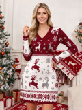 Women's Christmas Reindeer Snowflake Jacquard V Neck Long Sleeve Slim Fit Knitted Mini Dress