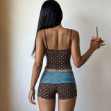 Women's Polka Dot and Striped Reversible Colorblock Strap Open Waist Slim Fit Shorts Set