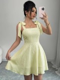 Women's Fashion Square Neck Sleeveless Slim Waist Light Yellow Pleated Hem Mini Dress