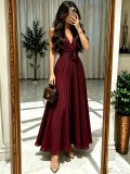 Women's Chic Elegant Chiffon V Neck Sleeveless Ruched Slim Waist Formal Evening Gown