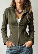 Women's Stand Collar Zipper and Slim Waist Suede Cropped Jacket Women's Stand Collar Zipper and Slim Waist Suede Cropped Jacket