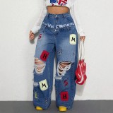 Women's High Street Double Waistband and Letter Patch Ripped Denim Wide Leg Pants
