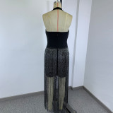 Women's Halter Neck Deep V Neck Metallic Fringe Slim Fit Bandage Evening Gown for Parties
