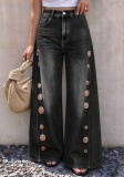 Women's High Waist Loose Wide Leg Denim Pants with Side Metallic Buckles and Hollow Out Details