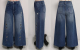 Women's High Waist Loose Wide Leg Denim Pants with Side Metallic Buckles and Hollow Out Details