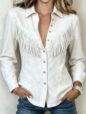 Women's Western Style Faux Suede Turndown Collar Fringe Long Sleeve Denim Style Shirt Jacket