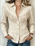 Women's Western Style Faux Suede Turndown Collar Fringe Long Sleeve Denim Style Shirt Jacket