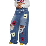Women's High Street Double Waistband and Letter Patch Ripped Denim Wide Leg Pants