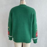 Women's Christmas Round Neck Knitted Cardigan Sweater with Santa Claus Tree and Snowflake Jacquard