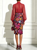 Women's Chic Multicolor Floral Embroidered Chiffon Long Sleeve Stand Collar Bodycon Dress