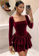 Women's Velvet Square Neck Long Sleeve Slim Waist Slim Fit Double Ruffle A Line Mini Dress