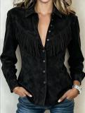 Women's Western Style Faux Suede Turndown Collar Fringe Long Sleeve Denim Style Shirt Jacket