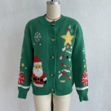 Women's Christmas Round Neck Knitted Cardigan Sweater with Santa Claus Tree and Snowflake Jacquard