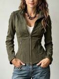 Women's Stand Collar Zipper and Slim Waist Suede Cropped Jacket