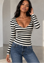 Women's V Neck Striped Slim Fit Knitted Casual T Shirt Women's V Neck Striped Slim Fit Knitted Casual T Shirt