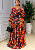 Women's Fall Winter Long Sleeve Printed Strapless Slim Waist Layered Maxi Dress Women's Fall Winter Long Sleeve Printed Strapless Slim Waist Layered Maxi Dress
