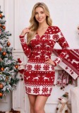 Women's Christmas Reindeer Snowflake Jacquard V Neck Long Sleeve Slim Fit Knitted Mini Dress