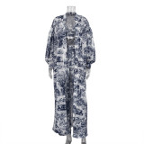 Women's Fall Three Piece Paint Print Robe Strap Top and Wide Leg Pants Set