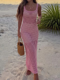 Women's Sexy Solid Color Hollow Out Low Back Slim Fit Beach Cover Up Maxi Dress
