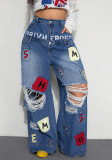 Women's High Street Double Waistband and Letter Patch Ripped Denim Wide Leg Pants