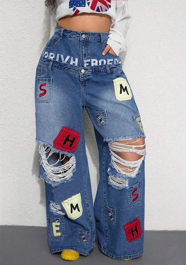 Women's High Street Double Waistband and Letter Patch Ripped Denim Wide Leg Pants