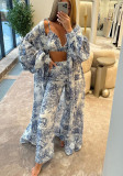Women's Fall Three Piece Paint Print Robe Strap Top and Wide Leg Pants Set