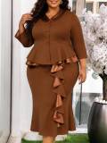 Plus Size Women Turndown Collar 3/4 Sleeve Ruffle Hem Top & Mermaid Skirt Two Piece Set