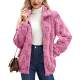 Women Fall Winter Zip Stand Collar Jacquard Plaid Coat