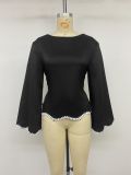 Women Fall Winter Tie Patchwork Ruffle Long Sleeve Boat Neck Shirt