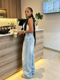 Women Pocket Washed Denim Pants