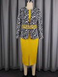 Plus Size Women Printed Top & Yellow Slit Bodycon Skirt Two Piece Set