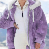Women Fall Winter Fuzzy Zip Hooded Coat