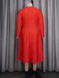 Plus Size Women Red Slash Shoulder Rhinestone Waist Belt Long Sleeve Dress