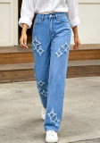 Women Fall American Star Patch Embroidery Denim Pants