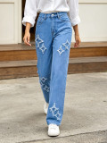 Women Fall American Star Patch Embroidery Denim Pants